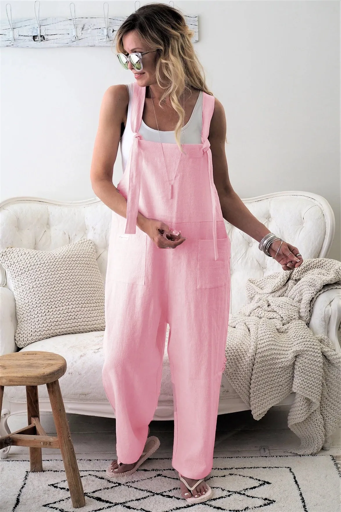 Women 100% Linen Harem Pants and Strap Loose Jumpsuit