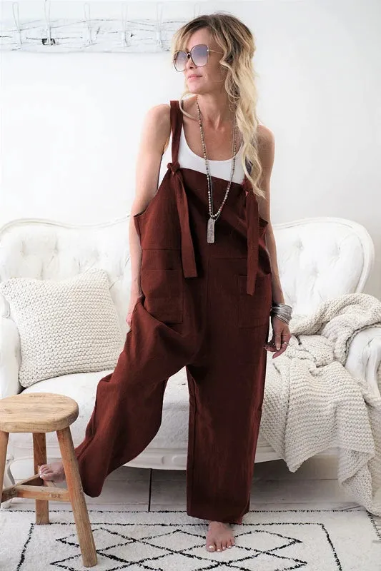 Women 100% Linen Harem Pants and Strap Loose Jumpsuit