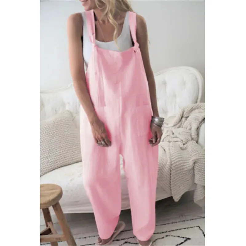 Women 100% Linen Harem Pants and Strap Loose Jumpsuit