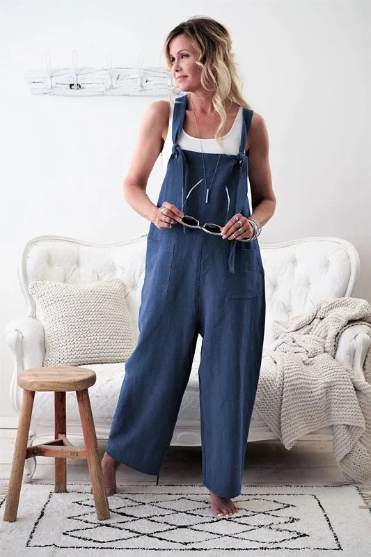Women 100% Linen Harem Pants and Strap Loose Jumpsuit
