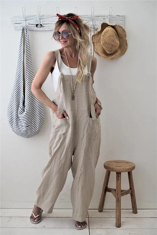 Women 100% Linen Harem Pants and Strap Loose Jumpsuit