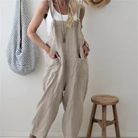Women 100% Linen Harem Pants and Strap Loose Jumpsuit