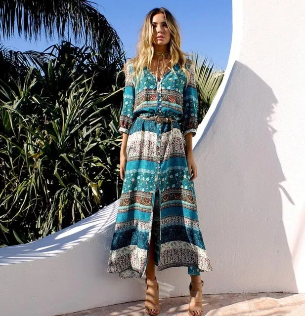 Women Long Party Dress Maxi Floor Length Casual Split Retro Summer Dresses 2018 Boho Bohemian Vestidos Plus Size