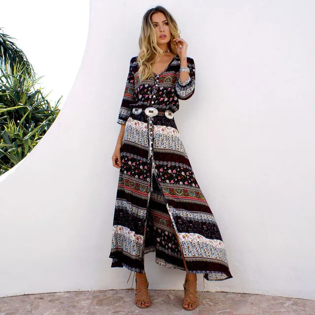 Women Long Party Dress Maxi Floor Length Casual Split Retro Summer Dresses 2018 Boho Bohemian Vestidos Plus Size