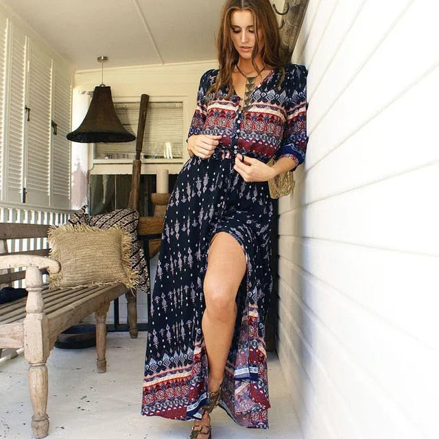 Women Long Party Dress Maxi Floor Length Casual Split Retro Summer Dresses 2018 Boho Bohemian Vestidos Plus Size