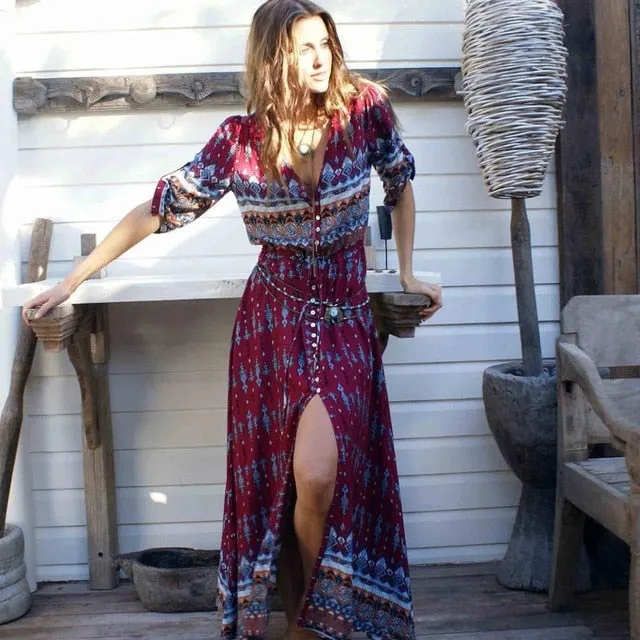 Women Long Party Dress Maxi Floor Length Casual Split Retro Summer Dresses 2018 Boho Bohemian Vestidos Plus Size