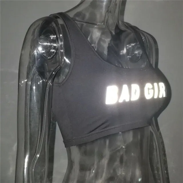 Women Summer Vest Top Letter Printed Sport Fitness U-Neck Sleeveless Tops 3M reflection Crop Top