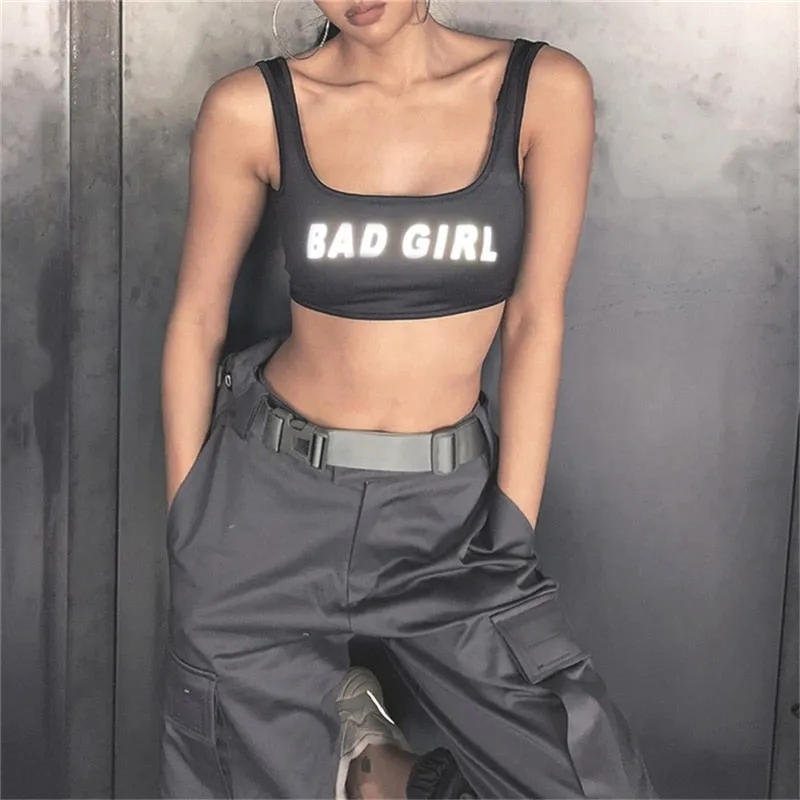 Women Summer Vest Top Letter Printed Sport Fitness U-Neck Sleeveless Tops 3M reflection Crop Top