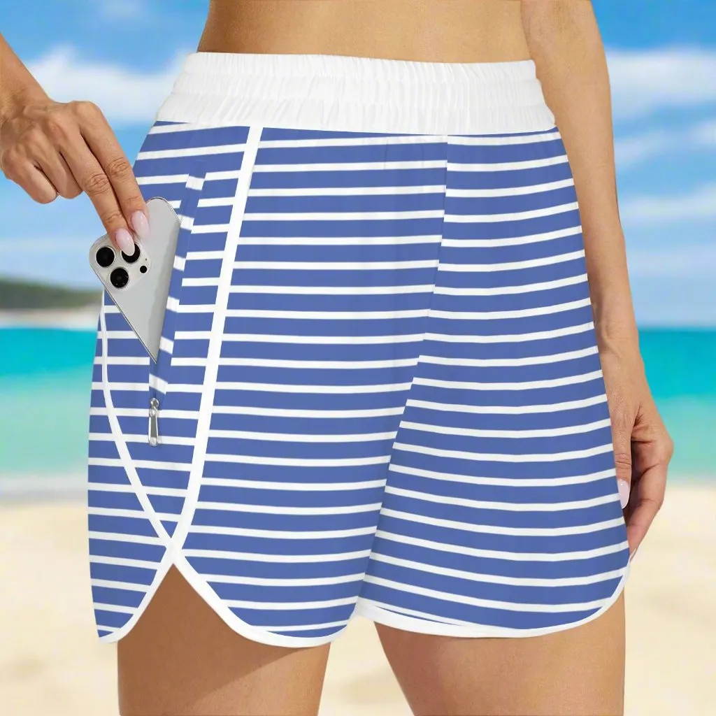 Women's Blue Beach Stripe Board Shorts - Lined, Pockets
