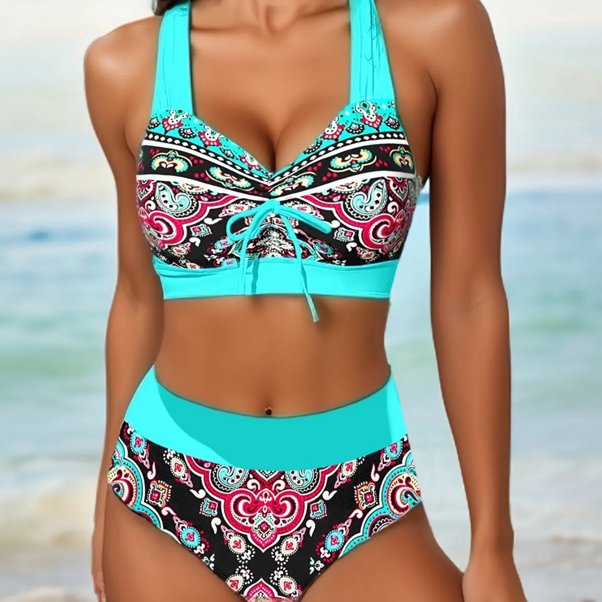 Women’s Boho Halter Neck High Waist Bikini