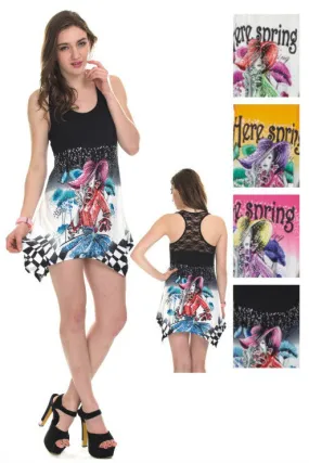 women's lace back sundresses - colorful woman prints Case of 72