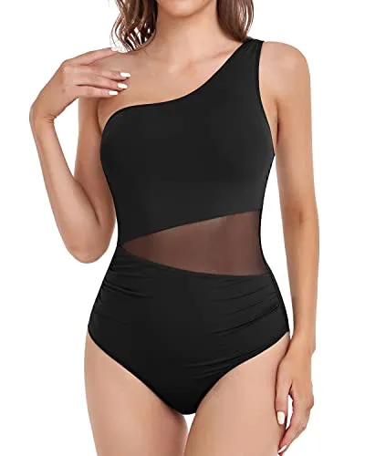 Women's One Piece Bathing Suit One Shoulder Swimsuit Monokini-Black