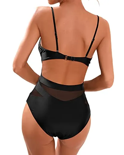 Women's Sexy One Piece Swimsuits Mesh High Waisted Bathing Suits Monokini-Black