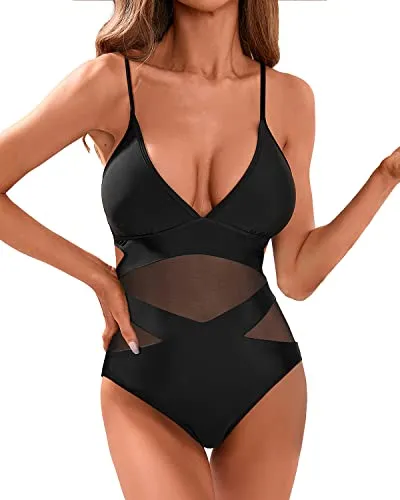 Women's Sexy One Piece Swimsuits Mesh High Waisted Bathing Suits Monokini-Black