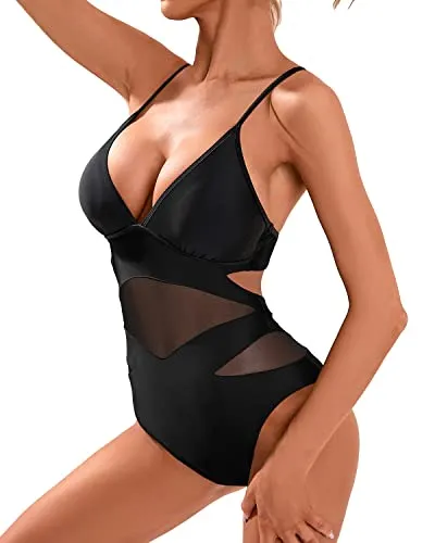 Women's Sexy One Piece Swimsuits Mesh High Waisted Bathing Suits Monokini-Black