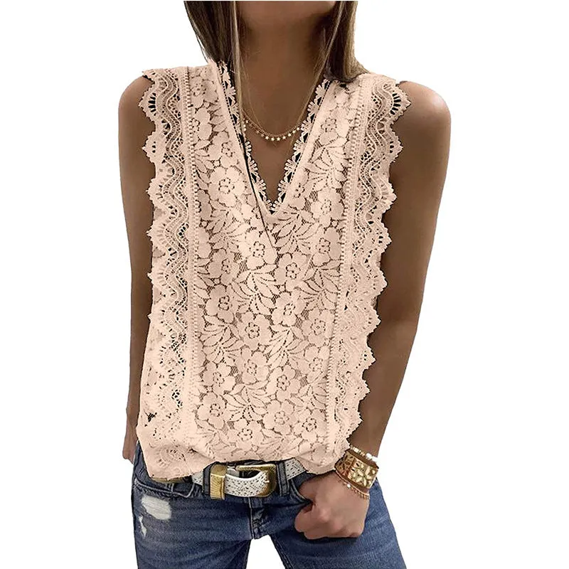 Women's Sleeveless Lace Tops Summer Crochet Shirt Blouse Halter Lined Camisole Tank