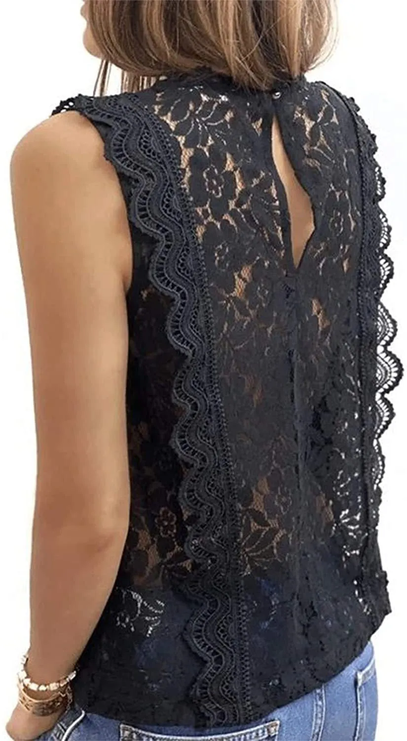 Women's Sleeveless Lace Tops Summer Crochet Shirt Blouse Halter Lined Camisole Tank
