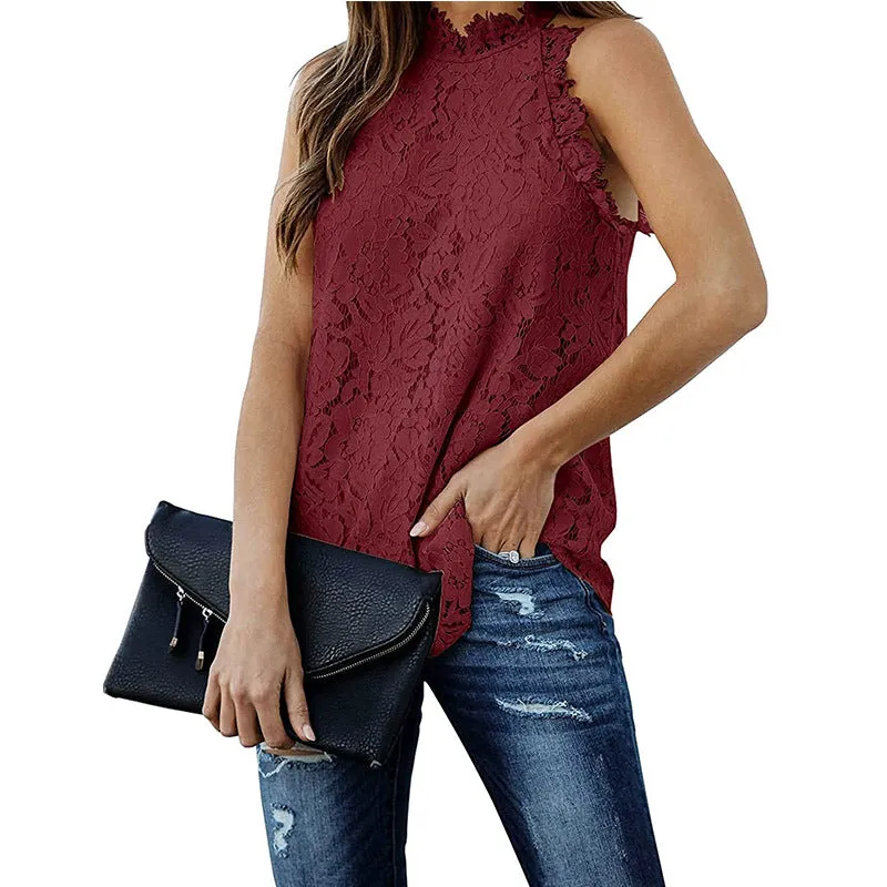 Women's Sleeveless Lace Tops Summer Crochet Shirt Blouse Halter Lined Camisole Tank