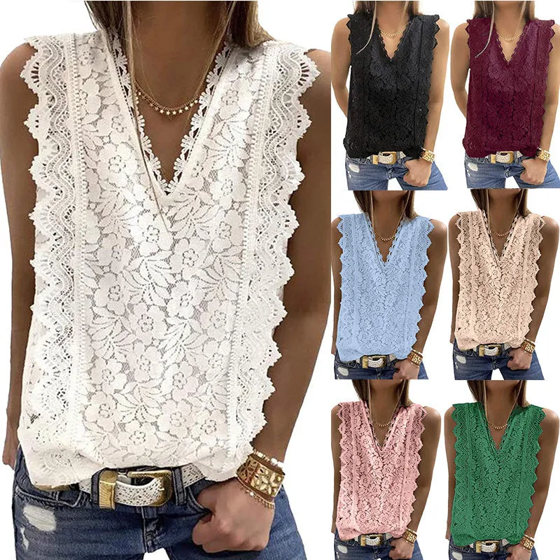 Women's Sleeveless Lace Tops Summer Crochet Shirt Blouse Halter Lined Camisole Tank