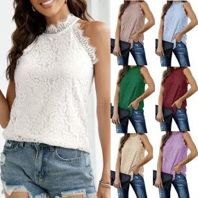 Women's Sleeveless Lace Tops Summer Crochet Shirt Blouse Halter Lined Camisole Tank