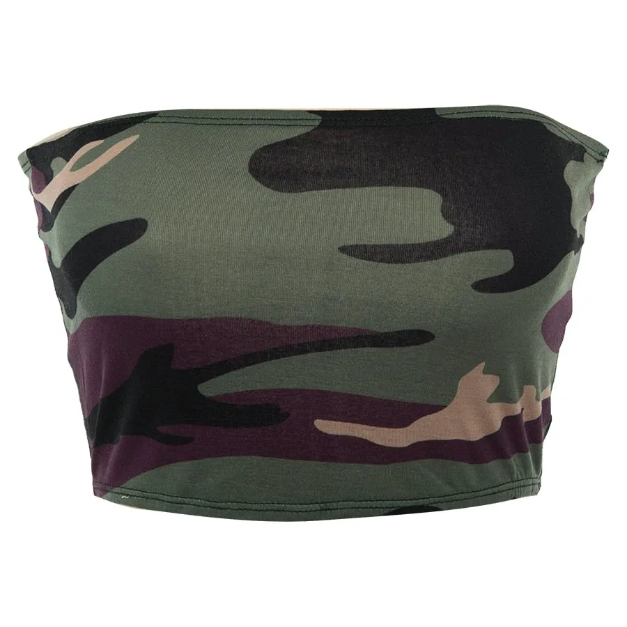 Women's Summer Cotton Sleeveless Crop Top With Camouflage Print
