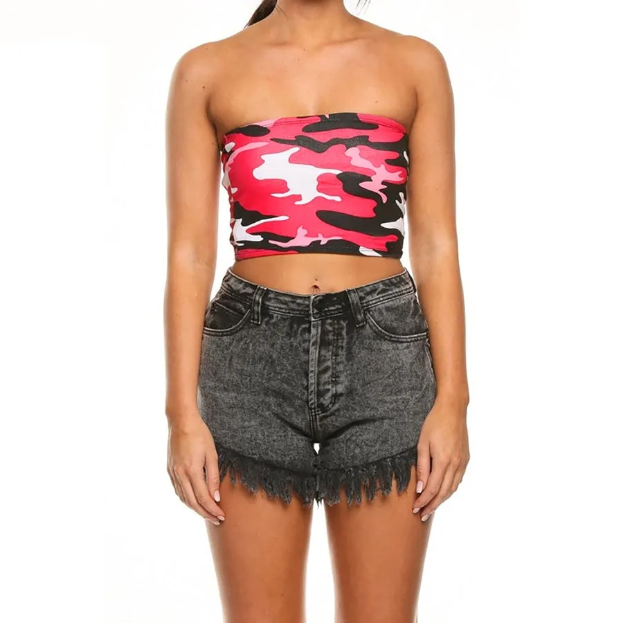 Women's Summer Cotton Sleeveless Crop Top With Camouflage Print