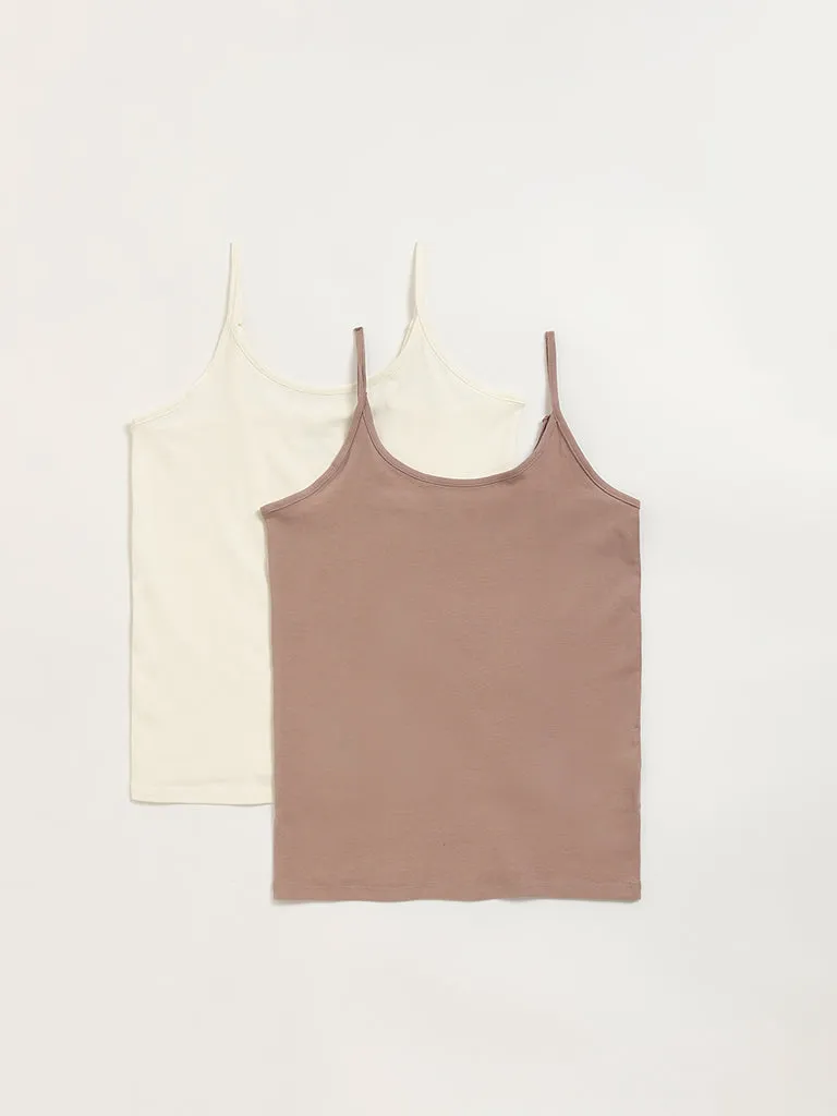 Wunderlove Off-White Cotton-Blend Camisoles - Pack of 2