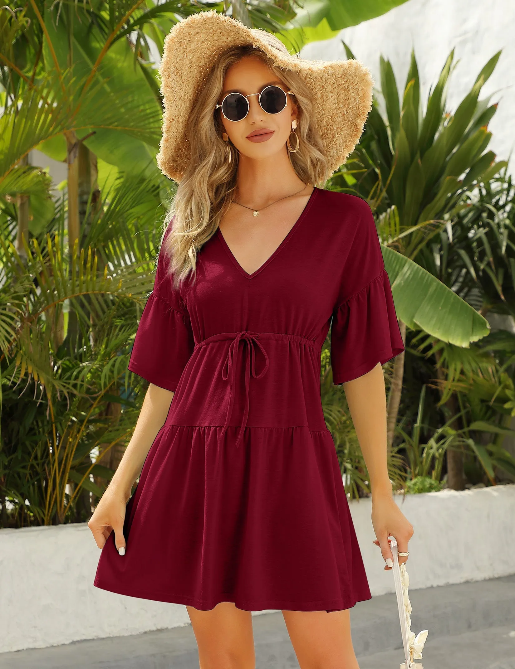 YESFASHION Women's Flowy Babydoll Casual Bell Sleeve Dress Yellow