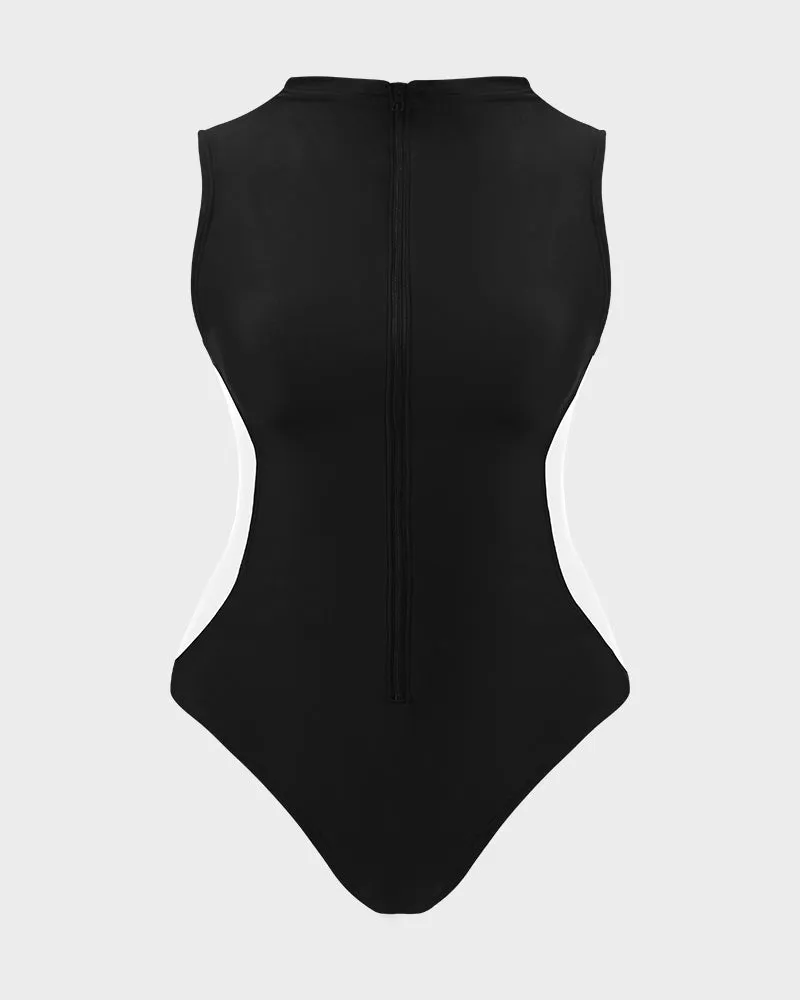 Zip Front High Neck Lace-Up Back Sculpting Swimsuit