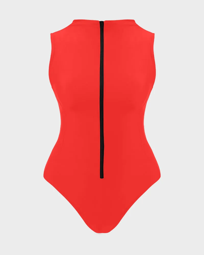 Zip Front High Neck Lace-Up Back Sculpting Swimsuit